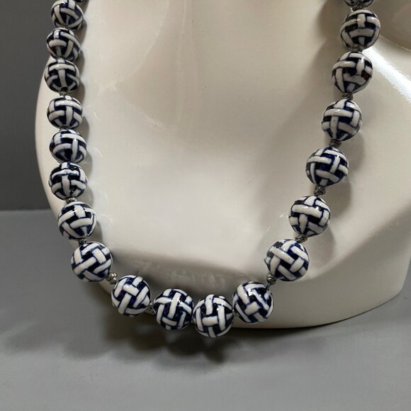 Ceramic Bead Necklace Blue and White Geometric Pattern - Picture 3 of 6